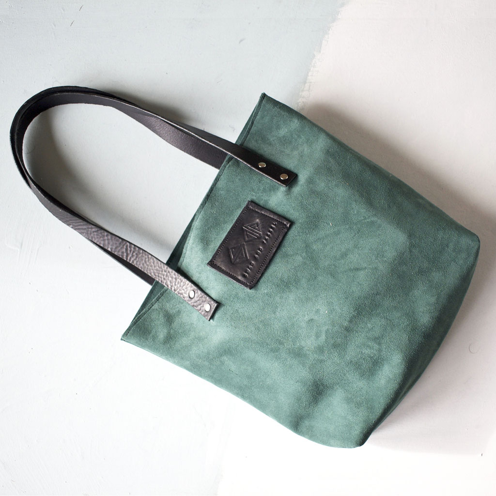 green suede tote bag