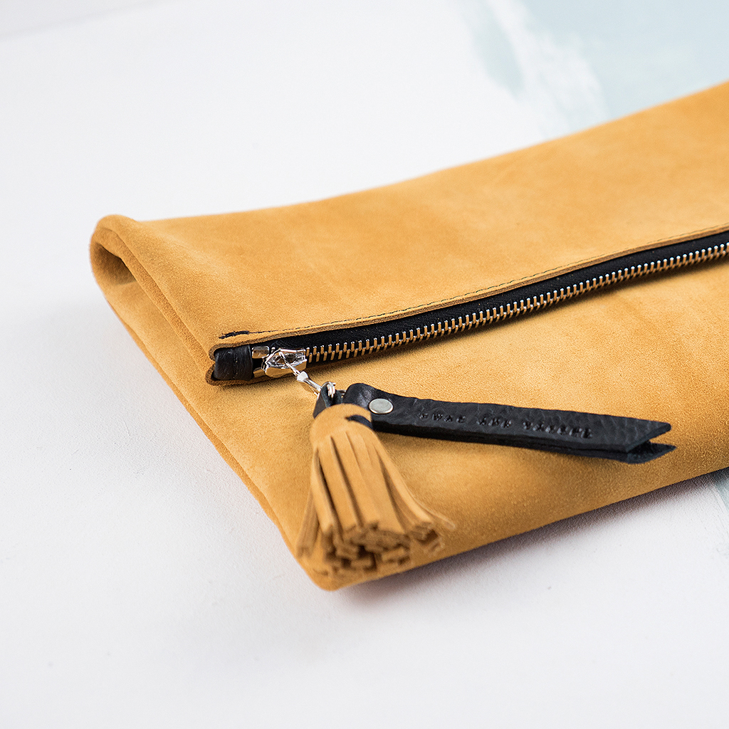 mustard yellow suede clutch bag