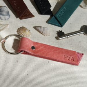 Personalised leather keyrings in brown, red, turquoise and black