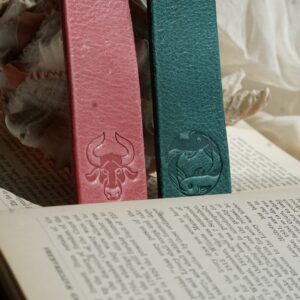 Red and turquoise leather zodiac bookmarks with star detail