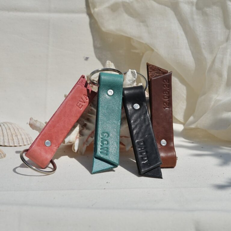 Personalised leather keyrings in brown, red, turquoise and black