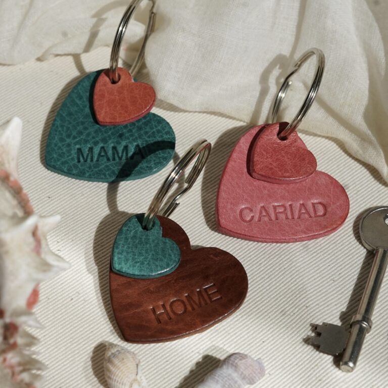 Personalised leather heart keyrings in turquoise brown and red