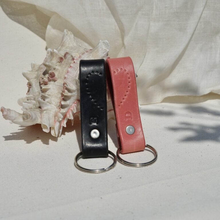 Personalised leather heart keyring set in black and dusky pink